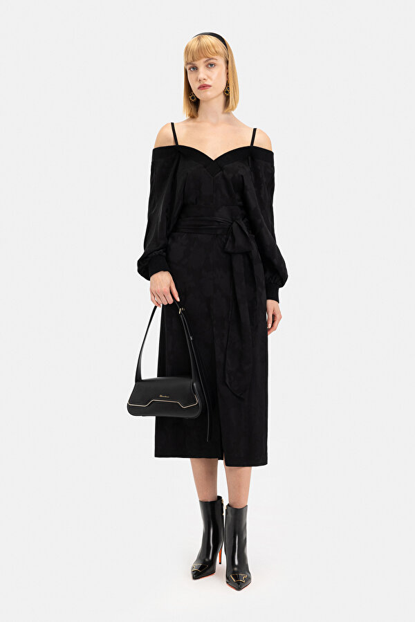 Vakko Women Black Long Sleeve Below The Knee Dress