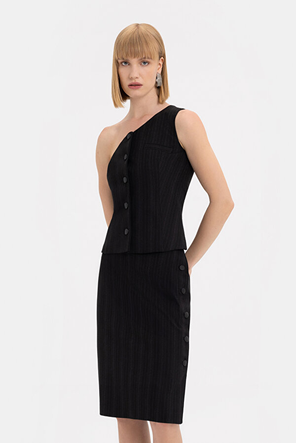 BLACK STRIPED PATTERNED WOOL BELOW THE KNEE SKIRT 2