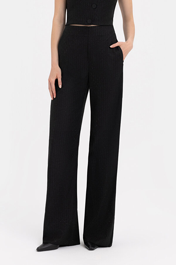 BLACK STRIPED PATTERNED WIDE LEG TROUSERS 2