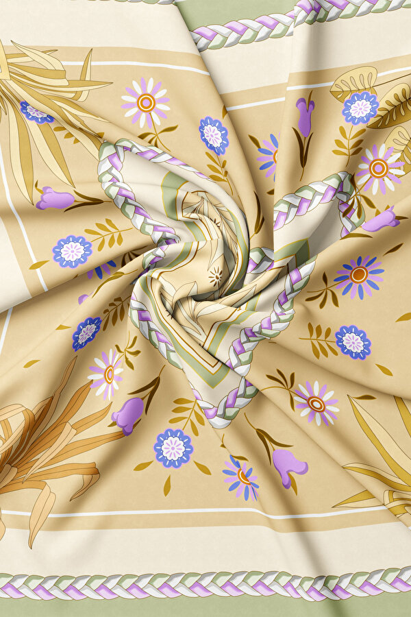 BEJ ÇİÇEK DESENLİ TWILL EŞARP 2