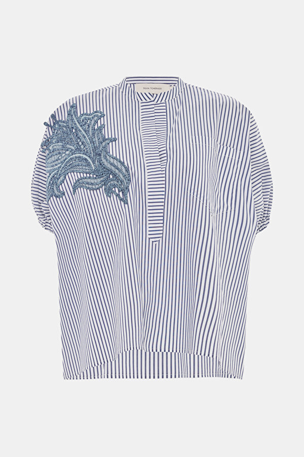 NAVY BLUE FLORAL PATTERN SHORT SLEEVE BLOUSE