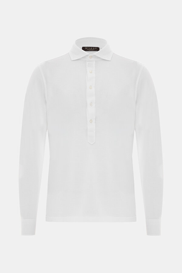 BEYAZ POLO YAKA UZUN KOLLU T-SHIRT