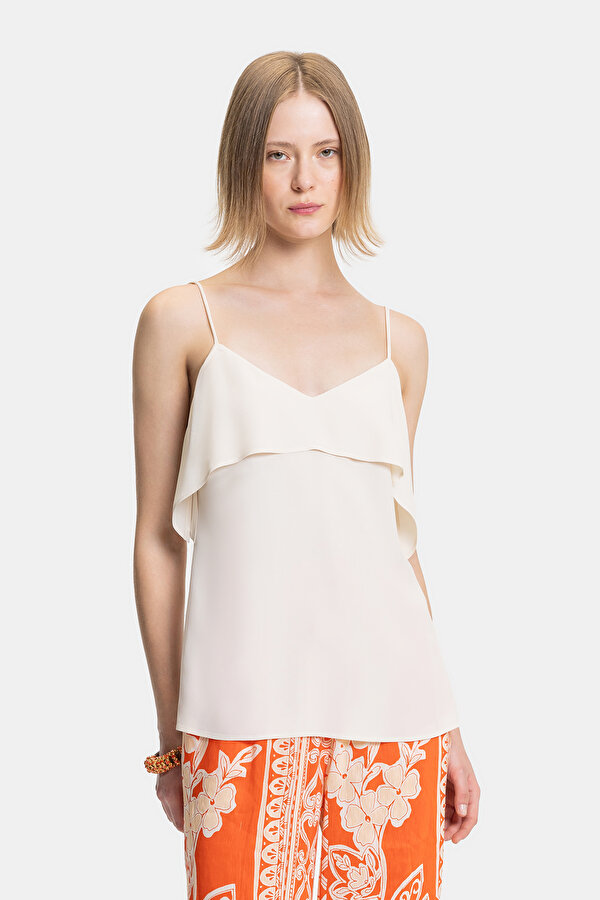 CREAM V NECK SLEEVELESS SUSPENDER BLOUSE