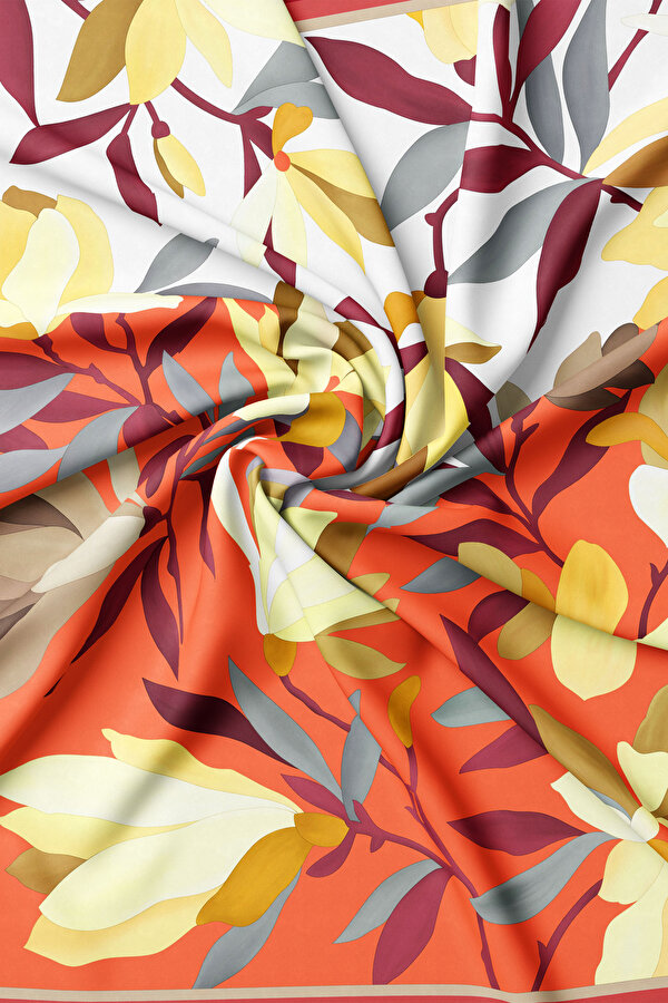 TURUNCU ÇİÇEK DESENLİ TWILL EŞARP 2