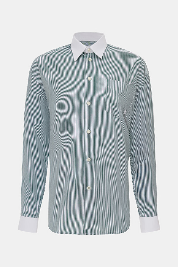 WHITE STRIPED PATTERNED MANDARIN COLLAR SHIRT