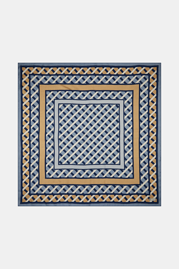 LACİVERT GEOMETRİK DESENLİ VUAL İPEK EŞARP