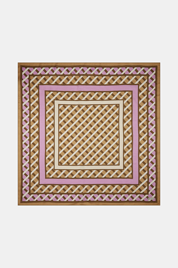 BEJ GEOMETRİK DESENLİ VUAL İPEK EŞARP