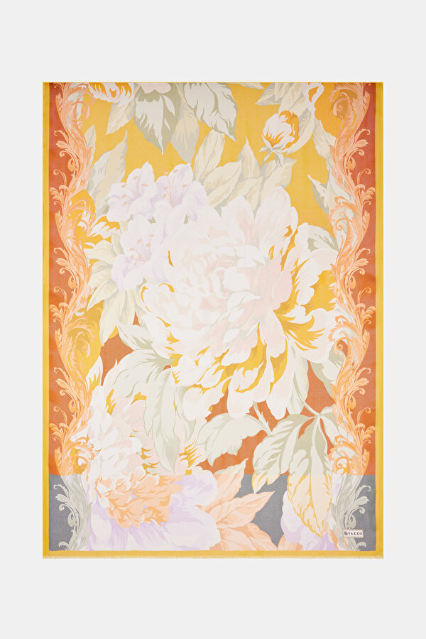 YELLOW FLORAL PATTERN ETAMIN VOILE SHAWL