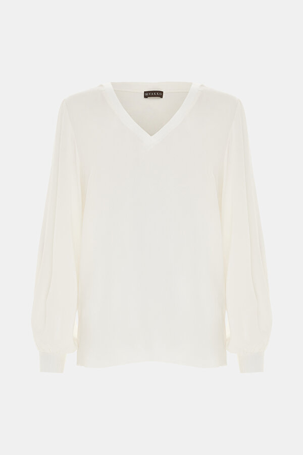 ECRU V NECK LONG SLEEVE BLOUSE