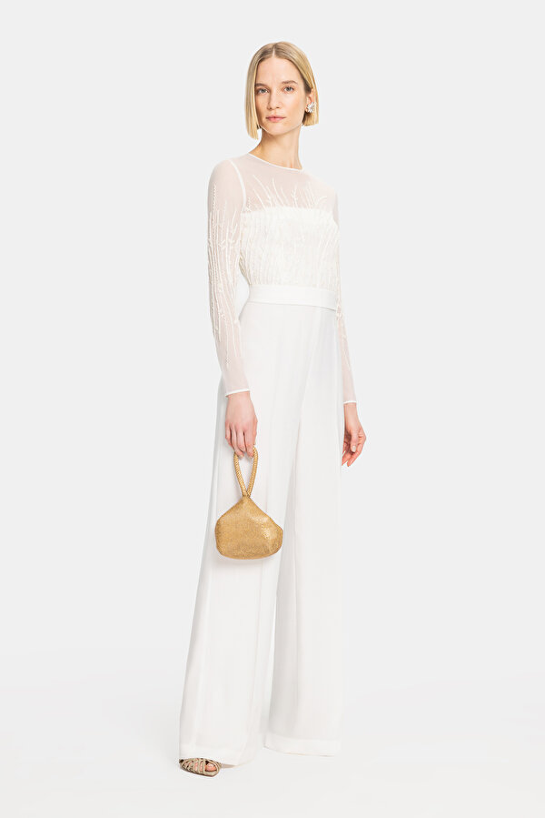 WHITE BASIC / ROUND NECKLINE LONG SLEEVE JUMPSUIT