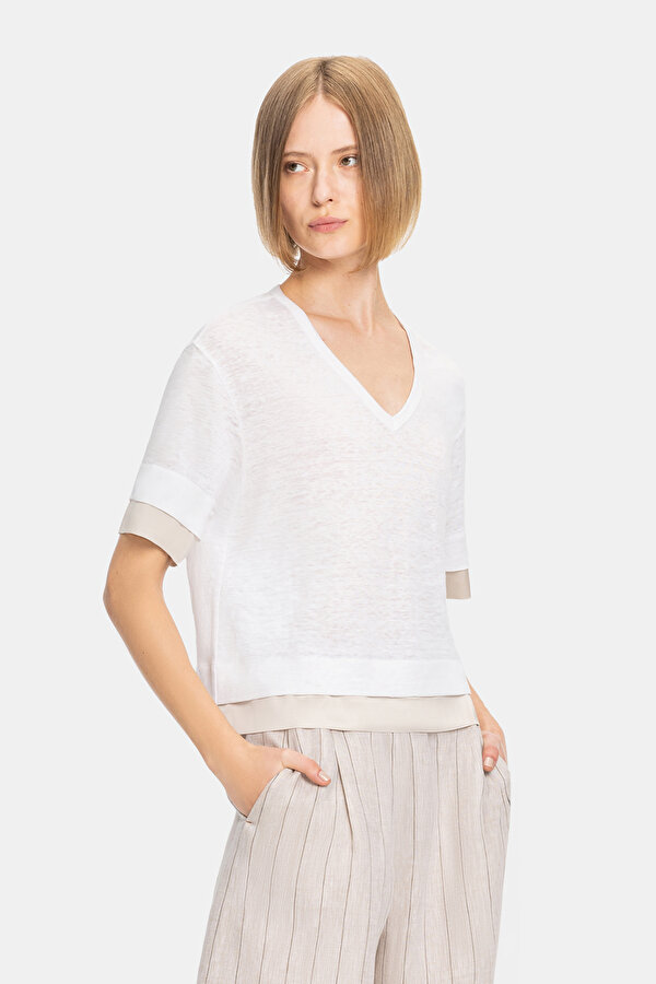 BEIGE V NECK SHORT SLEEVE TSHIRT