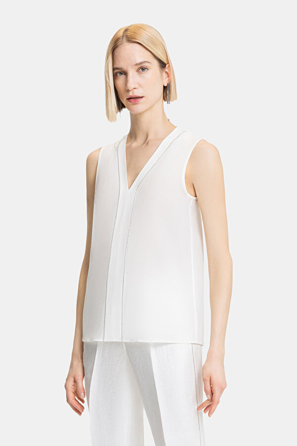 ECRU V NECK SLEEVELESS BLOUSE