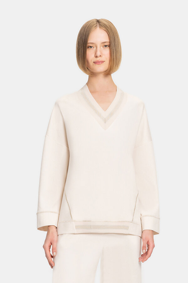 BEIGE V NECK SWEATSHIRT