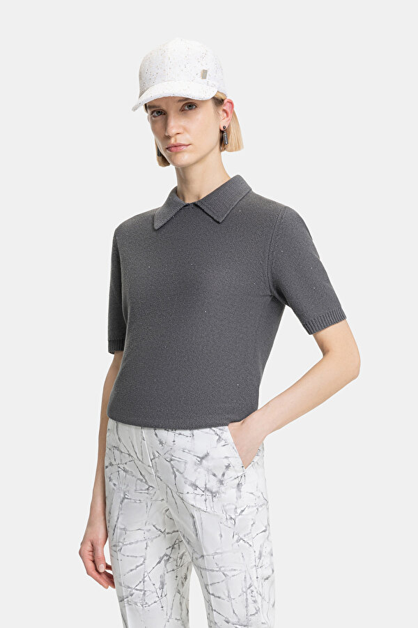 GREY POLO NECK SHORT SLEEVE BLOUSE