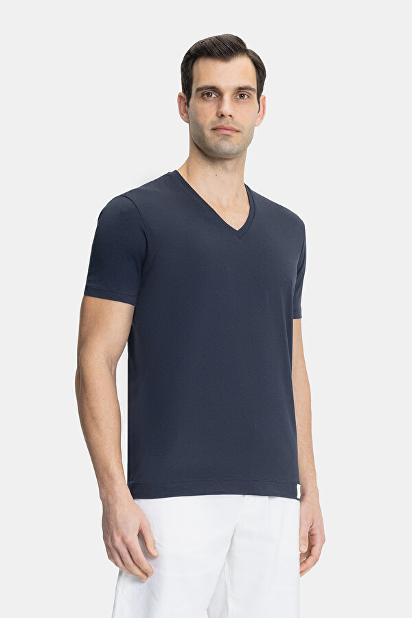 LACİVERT V YAKA KISA KOLLU T-SHIRT