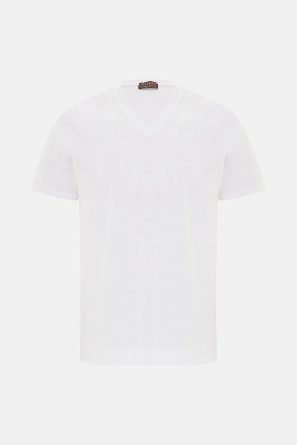 BEYAZ V YAKA KISA KOLLU T-SHIRT