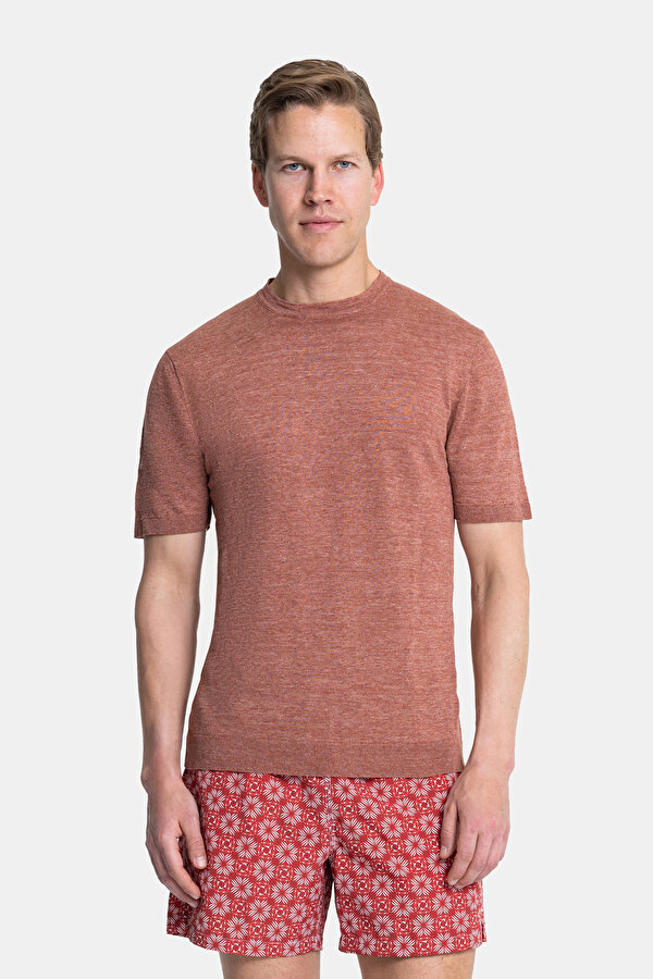 KIZIL KAHVE O YAKA KISA KOLLU T-SHIRT
