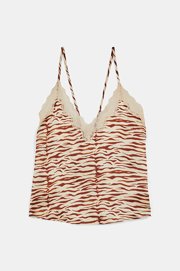 BROWN DESIGN FILLED SLEEVELESS SUSPENDER BLOUSE