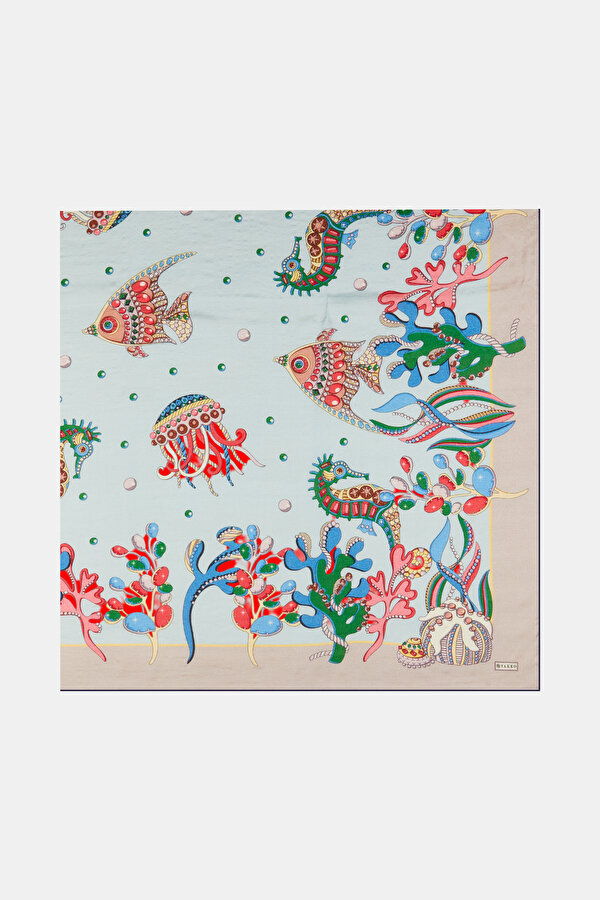 LIGHT BLUE ANIMAL FIGURED VOILE SILK SHAWL