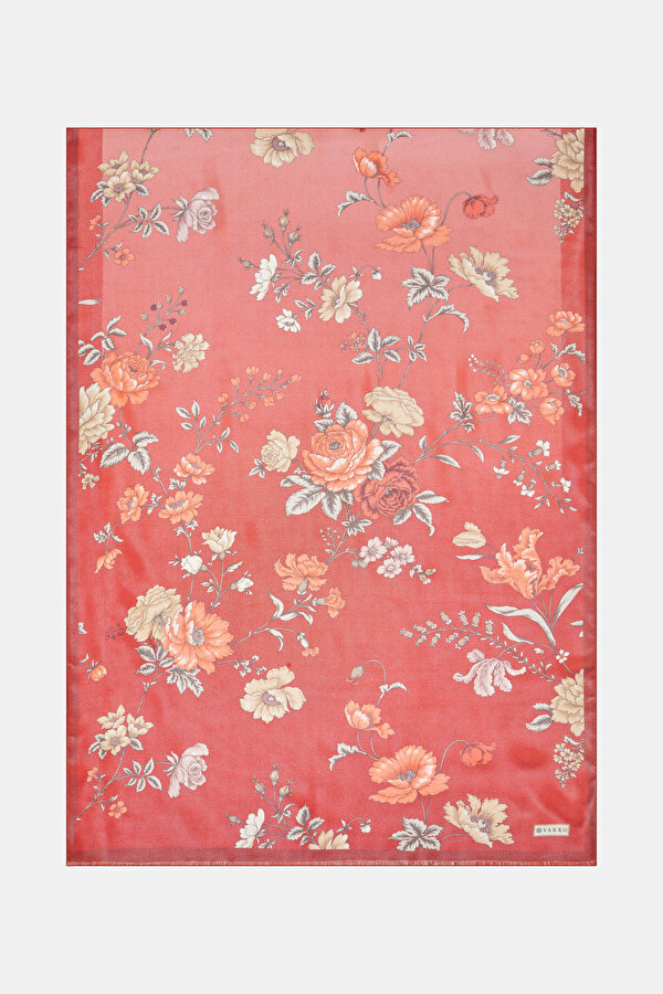 RED FLORAL PATTERN ETAMIN VOILE SHAWL
