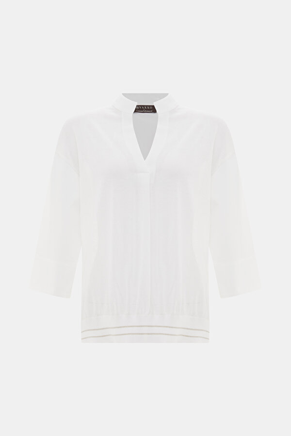 WHITE V NECK 3/4 SLEEVES BLOUSE