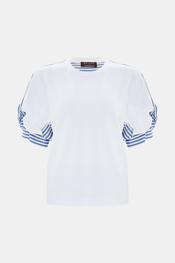 BLUE BASIC / ROUND NECKLINE SHORT SLEEVE BLOUSE