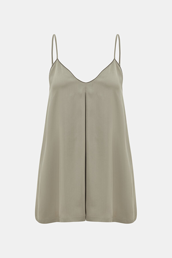 GREY PLUNGE NECKLINE SLEEVELESS SUSPENDER BLOUSE