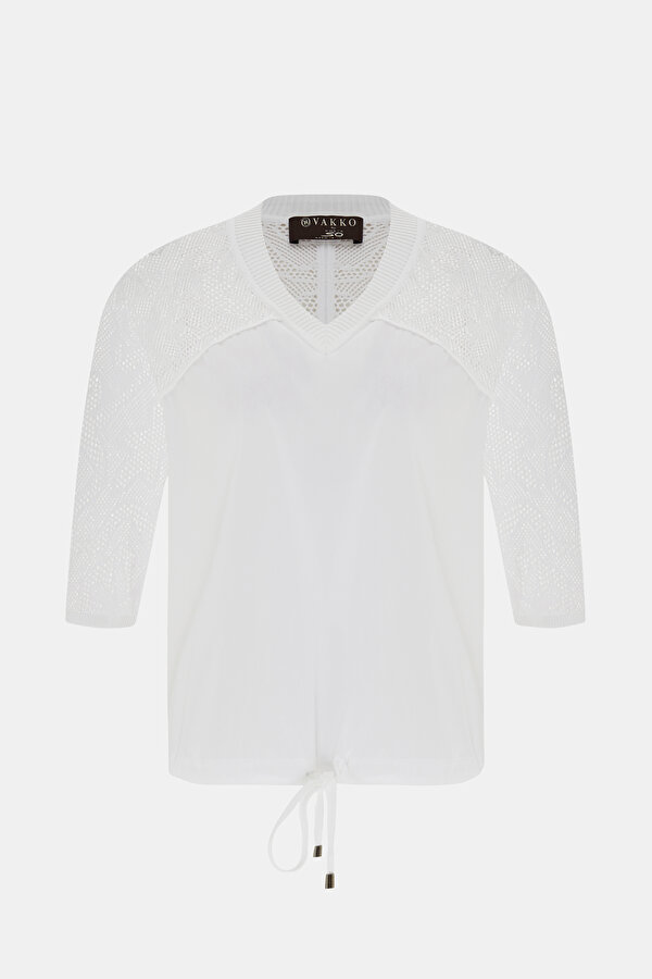 WHITE PLUNGE NECKLINE 3/4 SLEEVES BLOUSE