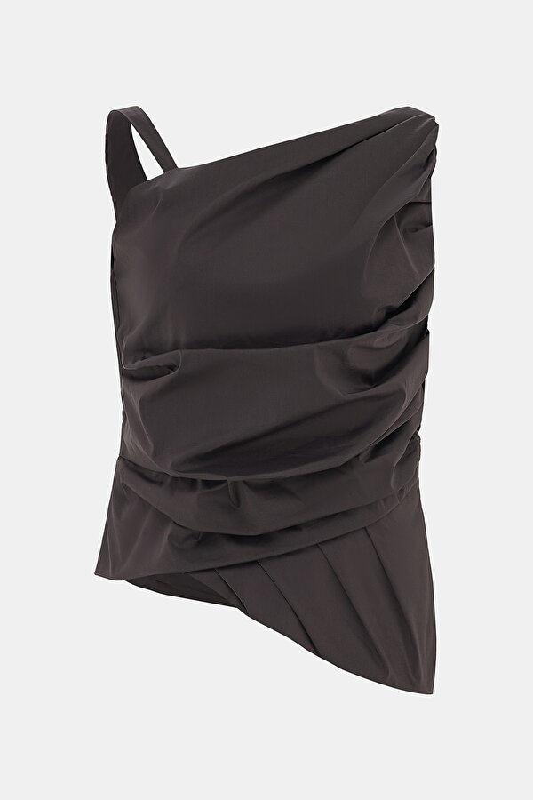 DARK BROWN ASYMMETRIC SLEEVELESS BLOUSE