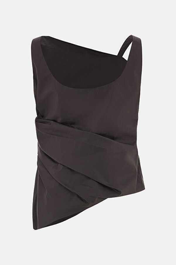 DARK BROWN ASYMMETRIC SLEEVELESS BLOUSE 2
