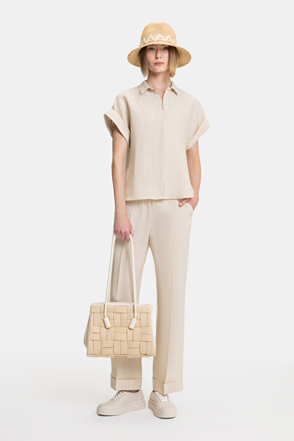 ECRU STRIPED WIDE LEG TROUSERS