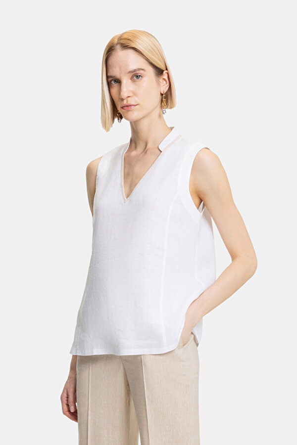 ECRU V NECK SLEEVELESS BLOUSE