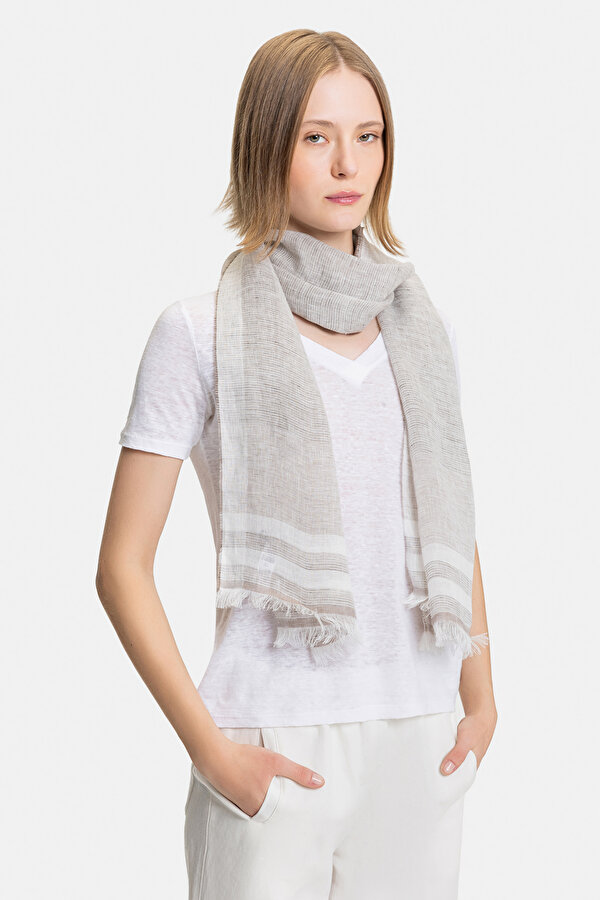 ECRU STRIPED PATTERNED LINEN SHAWL
