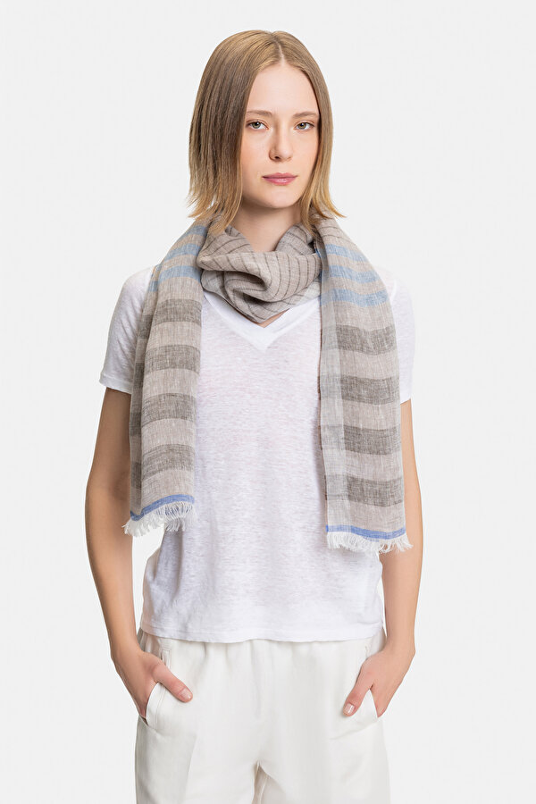 ECRU STRIPED PATTERNED LINEN SHAWL