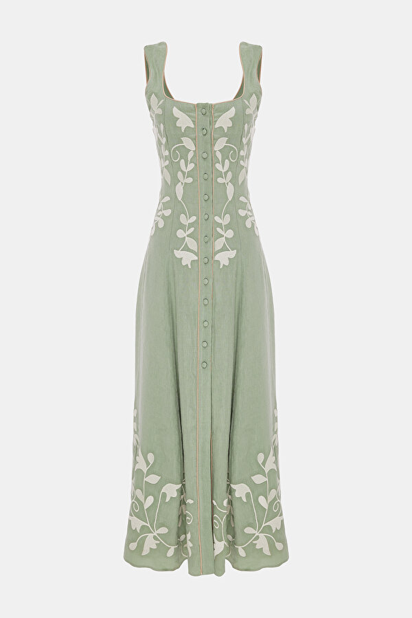 WATER GREEN FLORAL PATTERN MIDI DRESS