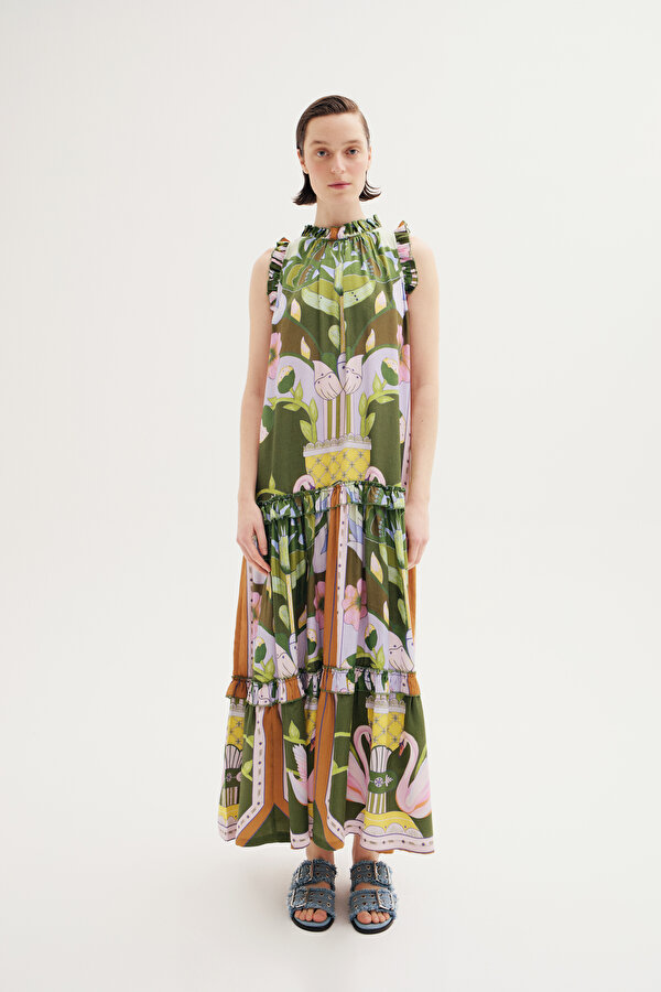 MULTİCOLOR FLORAL PATTERN MİDİ DRESS