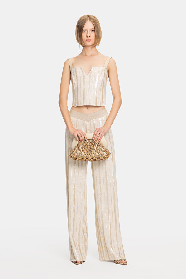 BEIGE DESIGN FILLED WIDE LEG TROUSERS
