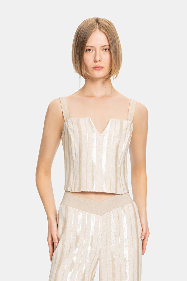 BEIGE CLEAVAGE SLEEVELESS SUSPENDER BLOUSE