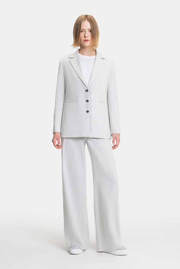 LIGHT GREY STRIPED PATTERNED WIDE LEG TROUSERS