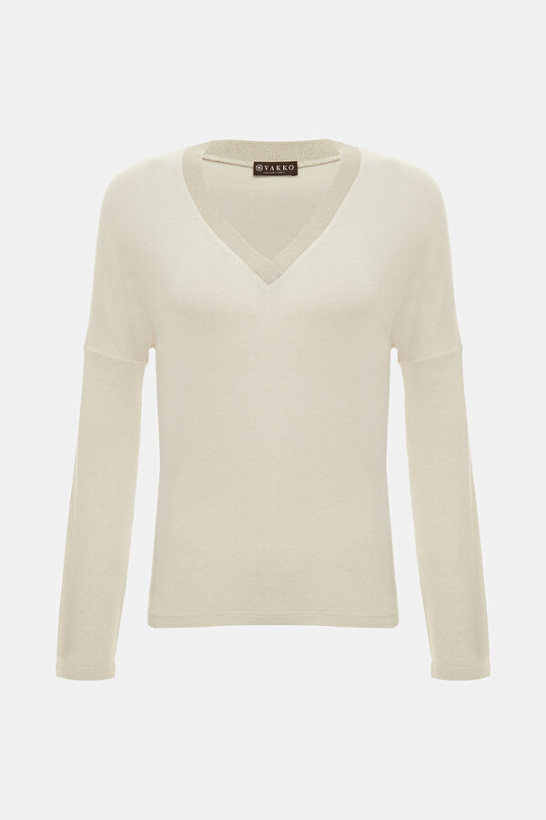 BEIGE V NECK LONG SLEEVE TSHIRT