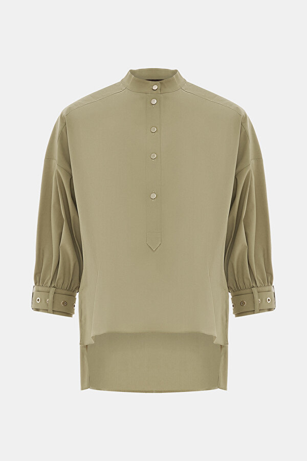 KHAKI MANDARIN COLLAR LONG SLEEVE BLOUSE 7