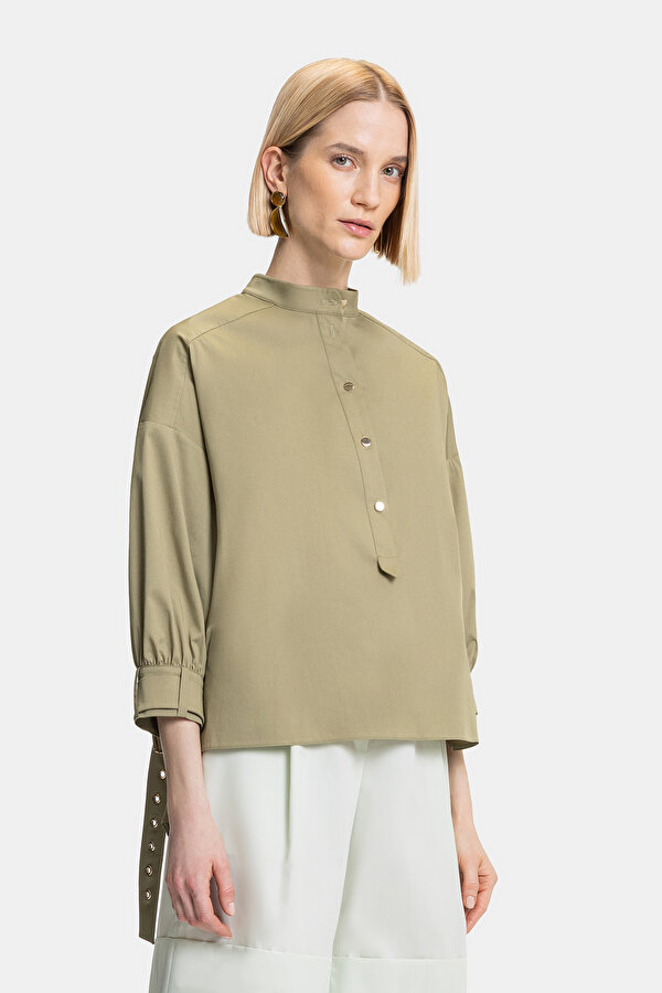 KHAKI MANDARIN COLLAR LONG SLEEVE BLOUSE