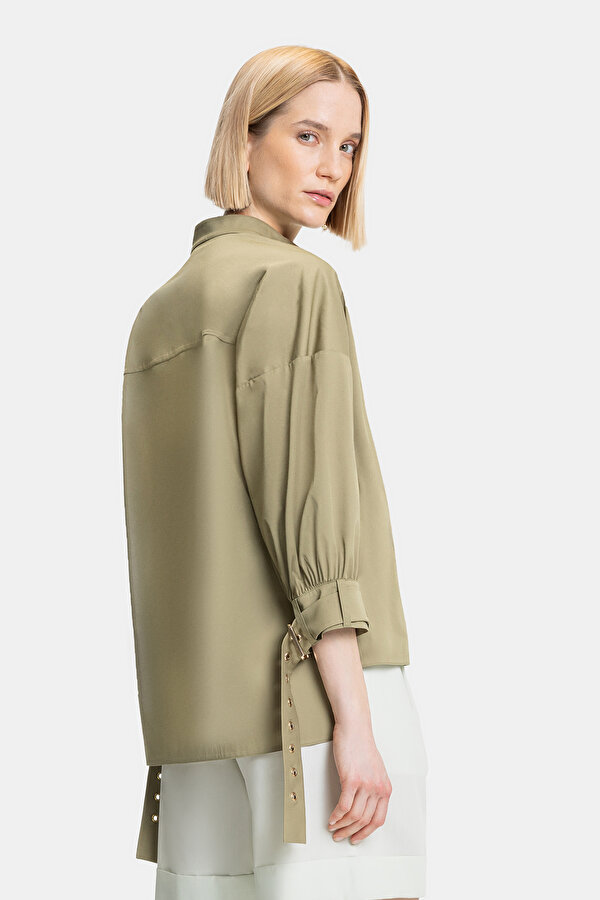KHAKI MANDARIN COLLAR LONG SLEEVE BLOUSE 2