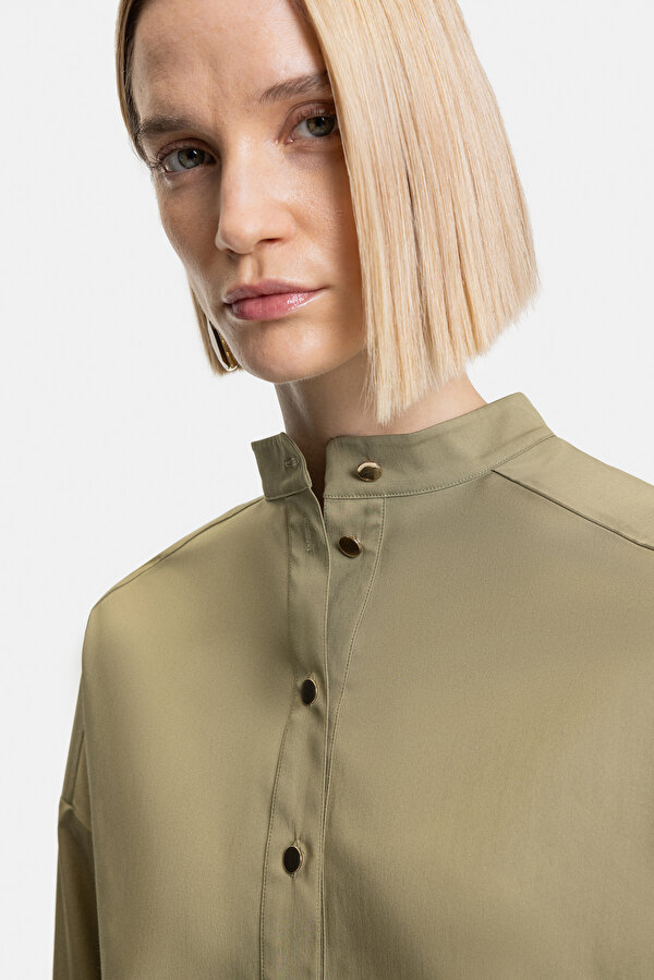 KHAKI MANDARIN COLLAR LONG SLEEVE BLOUSE 6