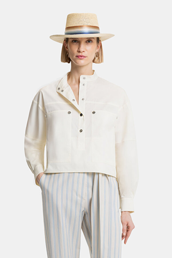 CREAM MANDARIN COLLAR LONG SLEEVE BLOUSE