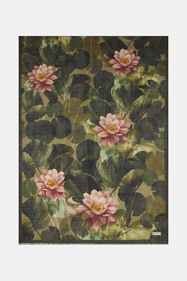 KHAKI FLORAL PATTERN WOOL/SILK SHAWL
