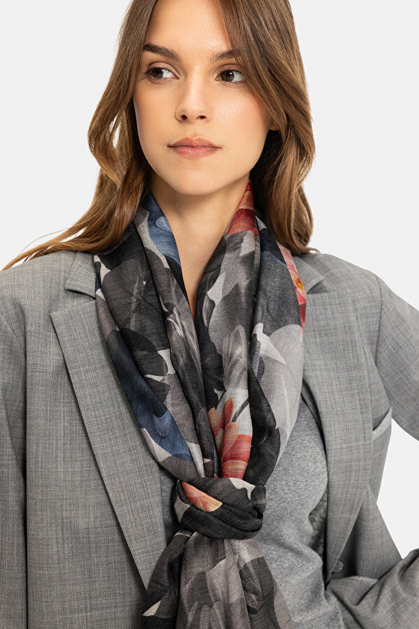 ANTHRACITE FLORAL PATTERN WOOL/SILK SHAWL