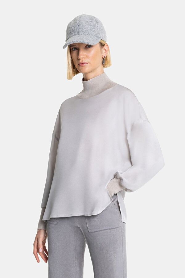 GREY UPRIGHT COLLAR LONG SLEEVE BLOUSE