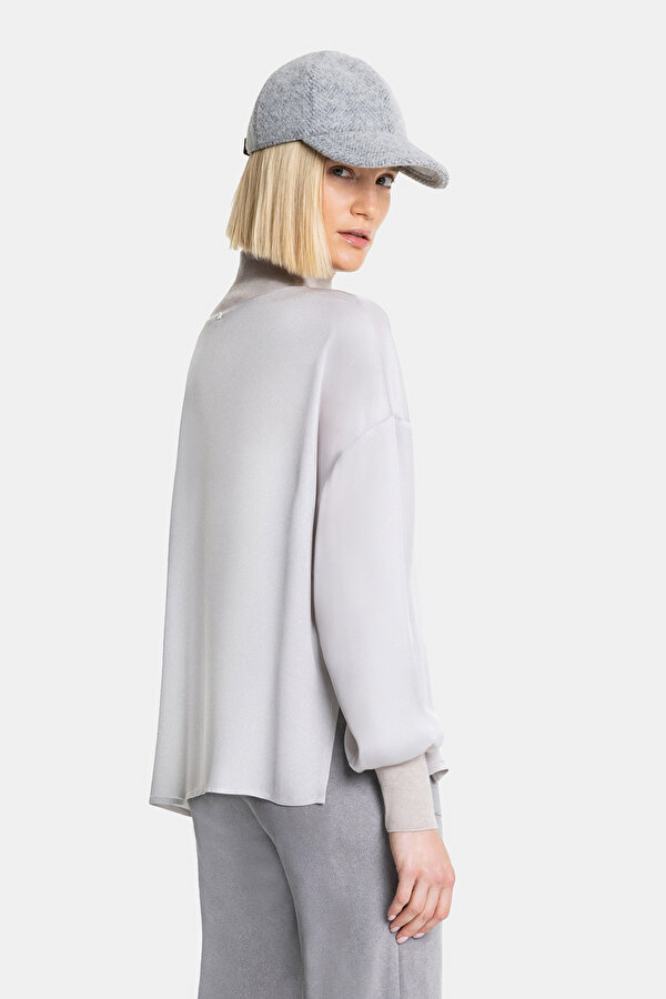 GREY UPRIGHT COLLAR LONG SLEEVE BLOUSE 2
