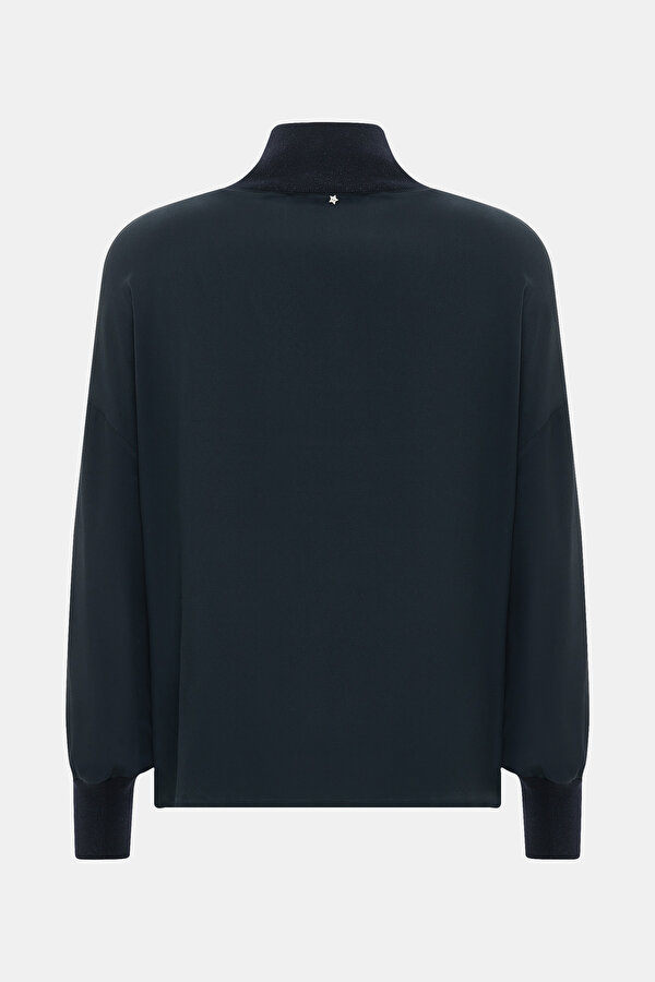DARK NAVY BLUE UPRIGHT COLLAR LONG SLEEVE BLOUSE 6